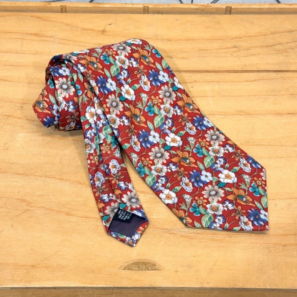Vintage Beans McGee Floral Necktie Red Blue White Flower‎ Pattern Polyester Tie